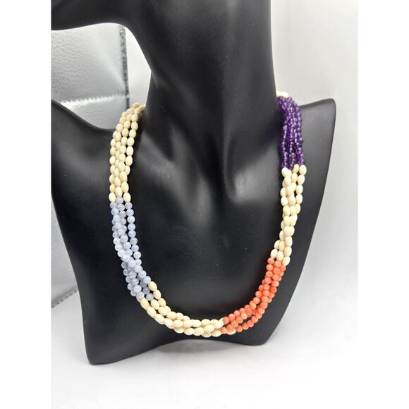 Deco 20's Twisted Pearl Beads of Red Agate, Amethyst, Blue Chancery and bone 17" - Picture 2 of 7